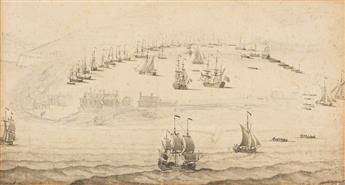 FRANCIS SWAINE (London 1725-1782 London) Study of Coastal Colony Settlement with Ships at Harbor.